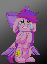 Size: 1076x1435 | Tagged: safe, artist:fruiitypieq, artist:madzbases, artist:shycookieq, oc, oc only, oc:candy rose, pegasus, pony, base used, bow, crying, earth pony oc, female, floppy ears, gradient background, hair bow, sad, solo