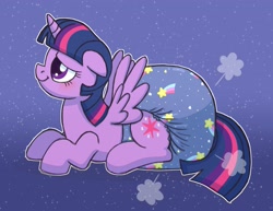 Size: 2593x2000 | Tagged: safe, artist:fillyscoots42, twilight sparkle, alicorn, pony, g4, air pushed out of diaper, decorated diaper, diaper, diaper fetish, fetish, floppy ears, high res, lying down, non-baby in diaper, poofy diaper, prone, smiling, solo, starry diaper, twilight sparkle (alicorn)