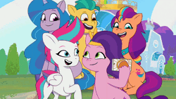 Size: 800x450 | Tagged: safe, edit, screencap, hitch trailblazer, izzy moonbow, pipp petals, sunny starscout, zipp storm, earth pony, pegasus, pony, unicorn, g5, my little pony: tell your tale, official, :p, adorapipp, adorazipp, animated, cellphone, commercial, crystal brighthouse, cute, female, gif, grin, hitchbetes, izzybetes, male, mane five, mane stripe sunny, mare, my little pony logo, one eye closed, open mouth, open smile, phone, royal sisters (g5), selfie, siblings, silly, silly pony, sisters, smartphone, smiling, stallion, sunnybetes, text, tongue out, wink