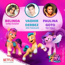 Size: 960x960 | Tagged: safe, hitch trailblazer, pipp petals, sunny starscout, earth pony, pegasus, pony, g5, my little pony: a new generation, official, belinda, female, hasbro studios, latin american, logo, male, mare, netflix, netflix logo, paulina goto, poster, spanish, stallion, vadhir derbez, voice actor