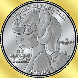 Size: 1024x1024 | Tagged: safe, artist:korencz11, applejack, alicorn, pony, fanfic:the princess of taxes, g4, alicornified, applecorn, coin, fanfic, fanfic art, race swap, solo