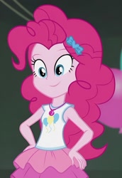 Size: 1144x1662 | Tagged: safe, screencap, pinkie pie, human, all the world's off stage, all the world's off stage: pinkie pie, equestria girls, g4, my little pony equestria girls: better together, blue eyes, clothes, cropped, cute, cutie mark on clothes, diapinkes, geode of sugar bombs, grin, hairband, hand on hip, happy, jewelry, magical geodes, necklace, pink hair, pink skin, rah rah skirt, skirt, smiling, solo, tank top