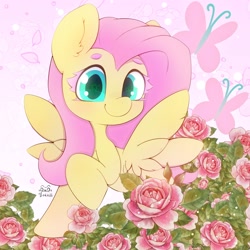 Size: 3000x3000 | Tagged: safe, artist:zokkili, fluttershy, pegasus, pony, g4, cute, female, flower, high res, looking at you, raised hoof, rose, shyabetes, solo, spread wings, wings