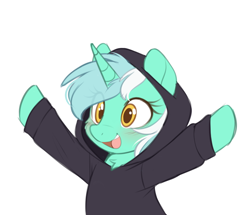 Size: 860x740 | Tagged: safe, alternate version, artist:higglytownhero, lyra heartstrings, pony, unicorn, g4, blushing, bust, chest fluff, clothes, cute, dig the swell hoodie, female, hoodie, horn, lyrabetes, mare, open mouth, open smile, raised arms, simple background, smiling, solo, white background