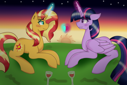 Size: 1200x800 | Tagged: safe, artist:dazzlingmimi, sunset shimmer, twilight sparkle, alicorn, pony, unicorn, g4, alcohol, duo, eye contact, female, glowing, glowing horn, horn, lesbian, looking at each other, looking at someone, ship:sunsetsparkle, shipping, sunset, twilight sparkle (alicorn), wine