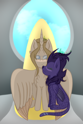 Size: 3600x5400 | Tagged: safe, artist:thecommandermiky, oc, oc only, oc:artura, oc:miky command, alicorn, pegasus, pony, alicorn oc, blushing, eyes closed, eyes open, female, happy, horn, lesbian, long tail, looking at each other, looking at someone, oc x oc, pegasus oc, purple hair, purple mane, shipping, sitting, smiling, spread wings, tail, throne, throne room, window, wings, yellow hair, yellow mane