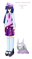 Size: 3441x6347 | Tagged: safe, artist:dazzlingmimi, spike, twilight sparkle, goomy, human, equestria girls, g4, crossover, human coloration, pokefied, pokémon, pokémon trainer, simple background, species swap, transparent background