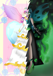 Size: 3483x4938 | Tagged: safe, artist:dazzlingmimi, princess cadance, queen chrysalis, human, g4, fake cadance, horn, horned humanization, humanized, two sides, winged humanization, wings