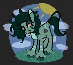 Size: 1167x1047 | Tagged: safe, artist:rennynation, oc, oc only, oc:deathwish, earth pony, pony, lidded eyes, looking at you, nose piercing, nose ring, piercing, smiling, solo, unshorn fetlocks