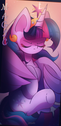 Size: 1055x2160 | Tagged: safe, artist:miryelis, part of a set, twilight sparkle, alicorn, pony, g4, big ears, colored wings, crown, ear piercing, earring, element of magic, eyes closed, flying, full body, gradient background, horn, impossibly large ears, jewelry, piercing, regalia, serious, solo, text, twilight sparkle (alicorn), wings