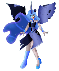 Size: 4902x5877 | Tagged: safe, artist:dazzlingmimi, nightmare moon, princess luna, human, g4, absurd resolution, crying, eye clipping through hair, eyebrows, eyebrows visible through hair, female, horn, horned humanization, humanized, nightmare luna, open mouth, simple background, solo, spread wings, transformation, transparent background, winged humanization, wings
