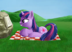 Size: 1200x863 | Tagged: safe, artist:yashn37, twilight sparkle, pony, unicorn, g4, female, grass, lying down, prone, reading, solo, unicorn twilight