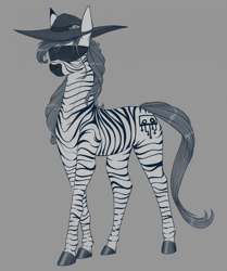 Size: 1756x2098 | Tagged: safe, artist:stray prey, oc, oc only, oc:panacea, zebra, blindfold, female, hat, monochrome, simple background, solo, zebra oc