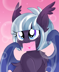 Size: 2232x2732 | Tagged: safe, artist:spookyle, oc, oc only, oc:moonlit mist, bat pony, pony, bat pony oc, female, hearts and hooves day, high res, holiday, letter, mare, mouth hold, solo, valentine's day