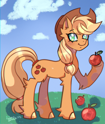 Size: 1600x1900 | Tagged: safe, artist:crystalkandy, applejack, earth pony, pony, g4, apple, cowboy hat, female, food, hat, hoof hold, looking at you, mare, solo