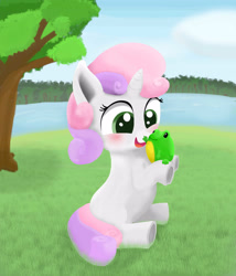 Size: 3000x3500 | Tagged: safe, artist:littletinybit, sweetie belle, frog, pony, unicorn, g4, cute, diasweetes, female, high res, lake, solo, tree, water