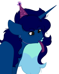 Size: 1249x1552 | Tagged: safe, artist:calibykitty, oc, oc only, oc:midnight specter, alicorn, pony, birthday, hat, messy mane, party hat, party horn, simple background, solo, tired eyes, transparent background