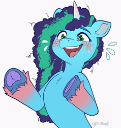 Size: 2058x2160 | Tagged: safe, artist:caytlin vilbrandt, misty brightdawn, pony, unicorn, g5, blushing, concave belly, cute, emanata, female, freckles, frog (hoof), high res, mare, mistybetes, nervous sweat, open mouth, open smile, signature, simple background, smiling, solo, sweat, sweatdrops, underhoof, white background