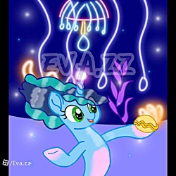 Size: 250x250 | Tagged: safe, artist:mlpeva, misty brightdawn, pony, seapony (g4), unicorn, g5, blue mane, bubble, female, flowing mane, glowing, glowing horn, green eyes, horn, low quality, lowres, mare, ocean, open mouth, open smile, sea pony (g5), seaponified, seapony misty brightdawn, seaquestria, seashell, smiling, solo, species swap, teeth, underwater, water, watermark