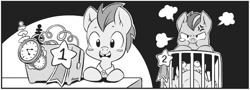 Size: 1334x481 | Tagged: safe, artist:nekoshiei, seven seas, doctor whooves, professor what, time turner, earth pony, pony, g4, my little pony: the manga, my little pony: the manga - a day in the life of equestria vol. 2, cage, colt, duo, flashback, foal, male, manga, monochrome, origin, younger