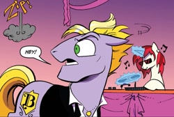 Size: 1113x750 | Tagged: safe, artist:andy price, idw, official comic, 33 1-3 lp, buck withers, long play, earth pony, pony, unicorn, friendship is magic #12, g4, neigh anything, spoiler:comic, dialogue, dishevelled, emanata, glowing, glowing horn, gradient background, horn, levitation, magic, male, solo focus, speech bubble, stallion, telekinesis