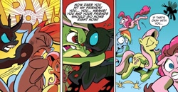Size: 1334x694 | Tagged: safe, artist:andypriceart, idw, fluttershy, pinkie pie, rainbow dash, changeling, earth pony, pegasus, pony, g4, the return of queen chrysalis, spoiler:comic, spoiler:comic01, aggressive, angry, badass, bouncing, butt, dialogue, disguise, disguised changeling, duo focus, emanata, female, flutterbadass, flutterrage, furious, gradient background, gritted teeth, if that's okay with you, mare, onomatopoeia, open mouth, plot, pow, punch, shocked, shocked expression, speech bubble, stunned, surprised, teeth