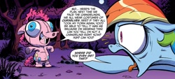 Size: 1334x603 | Tagged: safe, artist:andy price, idw, official comic, pinkie pie, rainbow dash, earth pony, pegasus, pony, g4, the return of queen chrysalis, spoiler:comic, spoiler:comic03, clothes, costume, dialogue, duo, faic, female, grin, how, mare, open mouth, pinkie being pinkie, pinkie logic, pony costume, rainbow dash is best facemaker, shocked, shocked expression, smiling, speech bubble, tongue out, unsettling