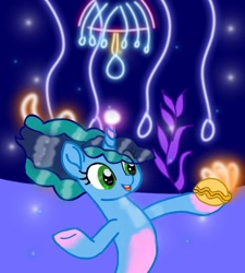 Size: 720x800 | Tagged: safe, artist:mlpeva, misty brightdawn, pony, seapony (g4), unicorn, g5, blue mane, bubble, female, flowing mane, glowing, glowing horn, green eyes, horn, mare, ocean, open mouth, open smile, sea pony (g5), seaponified, seapony misty brightdawn, seaquestria, seashell, smiling, solo, species swap, teeth, underwater, water