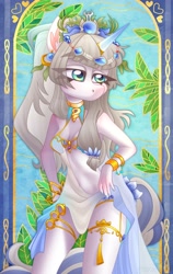 Size: 2595x4096 | Tagged: safe, artist:irinamar, oc, oc only, unicorn, anthro, anthro oc, belly button, breasts, cleavage, clothes, equine, eye clipping through hair, female, grey hair, high res, horn, jewelry, revealing clothing, solo, stained glass