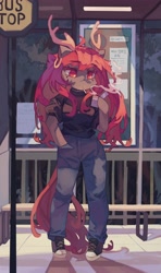 Size: 2428x4096 | Tagged: safe, artist:saxopi, oc, oc only, deer, deer pony, hybrid, original species, semi-anthro, antlers, arm hooves, bus stop, cigarette, clothes, converse, denim, ear piercing, earring, hand in pocket, jeans, jewelry, pants, piercing, shoes, smoking, solo