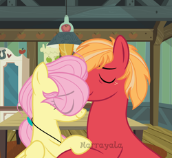 Size: 1280x1180 | Tagged: safe, artist:marrayala, big macintosh, fluttershy, earth pony, pegasus, pony, g4, alternate hairstyle, base used, duo, eye clipping through hair, eyes closed, female, holding hooves, jewelry, male, mare, necklace, ship:fluttermac, shipping, stallion, straight, watermark