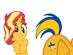 Size: 1280x960 | Tagged: safe, artist:mlpfan3991, sunset shimmer, oc, oc:flare spark, pegasus, pony, unicorn, g4, canon x oc, duo, eyes on the prize, female, flank, hip, lesbian, looking at butt, ship:flareset, shipping, show accurate, simple background, smiling, tail, transparent background, wings