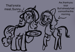 Size: 2056x1434 | Tagged: safe, anonymous artist, part of a set, izzy moonbow, sunny starscout, earth pony, pony, unicorn, series:anorexic sunny, g5, anorexic, concave belly, crying, dialogue, female, food, hoof hold, looking at each other, looking at someone, mare, monochrome, part of a series, pizza, raised hoof, ribcage, sad, sad smile, skinny, smiling, starvation, talking, thin