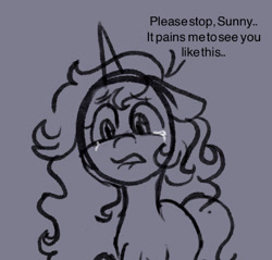 Size: 1427x1367 | Tagged: safe, anonymous artist, part of a set, izzy moonbow, pony, unicorn, series:anorexic sunny, g5, begging, concerned, crying, female, implied sunny starscout, mare, monochrome, part of a series, raised hoof, sad, talking