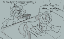 Size: 1162x704 | Tagged: safe, anonymous artist, part of a set, pipp petals, sunny starscout, earth pony, pegasus, pony, series:anorexic sunny, g5, adorapipp, anorexia, anorexic, butt, crying, cute, dialogue, female, food, mare, monochrome, part of a series, plot, ribcage, sad, salad, skinny, starvation, talking, thin
