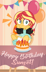 Size: 648x1000 | Tagged: safe, artist:jennieoo, sunset shimmer, human, equestria girls, g4, age regression, baby, babyset shimmer, balloon, birthday cake, birthday candles, blushing, cake, candle, chair, clothes, diaper, dress, emanata, food, happy birthday, jacket, leather, leather jacket, shocked, show accurate, socks, solo, sunset shimmer's birthday, table, vector, younger