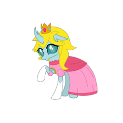 Size: 2100x2100 | Tagged: safe, artist:chanyhuman, ocellus, changedling, changeling, g4, clothes, cosplay, costume, crown, dress, female, frown, high res, jewelry, nintendo, princess peach, princess toadstolle, raised hoof, regalia, simple background, solo, super mario bros., transparent background, vector