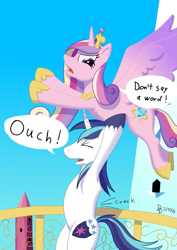 Size: 849x1200 | Tagged: safe, artist:darkdabula, princess cadance, shining armor, alicorn, pony, unicorn, g4, the crystal empire, back pain, concave belly, crystal empire, epic wife tossing, eyes closed, female, implied weight gain, male, mare, open mouth, ouch, reality ensues, ship:shiningcadance, shipping, spread wings, stallion, straight, wings