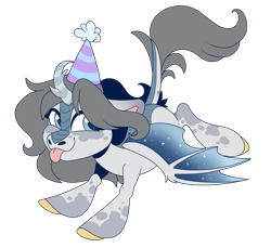 Size: 1800x1650 | Tagged: safe, artist:uunicornicc, oc, oc only, oc:rainstories, hybrid, kirin, winged kirin, bat wings, chibi, female, hat, party hat, simple background, solo, tongue out, transparent background, wings