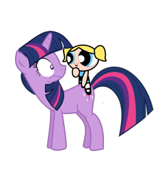 Size: 1120x1180 | Tagged: safe, artist:mlpfan3991, twilight sparkle, human, pony, unicorn, double rainboom, g4, bubbles (powerpuff girls), cartoon network, female, humans riding ponies, mare, riding, simple background, smiling, tara strong, tara strong 50th birthday, the powerpuff girls, transparent background, unicorn twilight, voice actor joke