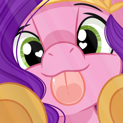 Size: 2000x2000 | Tagged: safe, artist:emberslament, pipp petals, pegasus, pony, g5, :3, :p, adorapipp, cute, female, heart, heart eyes, licking, licking the fourth wall, looking at you, mare, mlem, silly, solo, tongue out, underhoof, wingding eyes