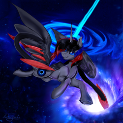 Size: 3000x3000 | Tagged: safe, artist:dankpegasista, oc, oc:trinity α, alicorn, pony, black hole, blue eyes, detailed background, dynamic pose, evil eyes, flowing mane, full body, galaxy, high res, highlights, hooves, horn, male, shading, solo, space, spread wings, stars, tentacles, wings
