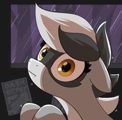 Size: 1478x1463 | Tagged: safe, artist:pabbley, oc, oc only, oc:bandy cyoot, hybrid, pony, raccoon, raccoon pony, bust, female, floppy ears, looking at you, mare, rain, solo, storm, window