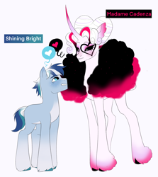 Size: 2558x2872 | Tagged: safe, artist:aztrial, princess cadance, shining armor, oc, oc:madame cadenza, oc:shining bright, earth pony, pony, unicorn, g4, alternate universe, black sclera, blaze (coat marking), blushing, clothes, coat, coat markings, colored hooves, curved horn, earth pony shining armor, eyeshadow, facial markings, female, freckles, gradient ears, gradient horn, gradient legs, gradient mane, high res, horn, looking at each other, looking at someone, makeup, male, pale belly, race swap, ship:shiningcadance, shipping, simple background, straight, unicorn cadance, unshorn fetlocks, white background