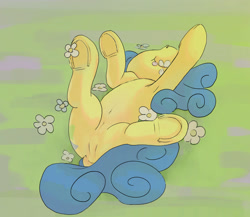 Size: 2048x1779 | Tagged: safe, artist:mandumustbasukanemen, lemon hearts, pony, unicorn, g4, armpits, belly, belly button, butt, cute, dock, eating, featureless crotch, female, flower, grass, grass field, herbivore, horses doing horse things, lying down, mare, on back, plot, smiling, solo, tail, underhoof