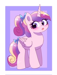 Size: 1581x2048 | Tagged: safe, artist:leo19969525, princess cadance, alicorn, pony, g4, blushing, bow, female, folded wings, hair bow, horn, mare, open mouth, simple background, solo, tail, tail bow, teen princess cadance, wings