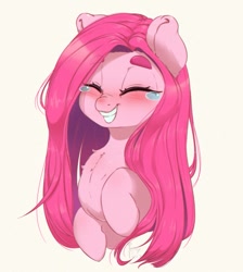Size: 897x1000 | Tagged: safe, artist:inkypuso, pinkie pie, earth pony, pony, g4, alternate hairstyle, blushing, bust, crying, eyes closed, female, grin, mare, pinkamena diane pie, portrait, simple background, smiling, solo, straight hair, tears of joy, teary eyes