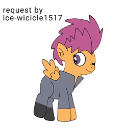 Size: 1437x1440 | Tagged: safe, artist:icicle-niceicle-1517, artist:rayyfakemon186, color edit, edit, scootaloo, pegasus, pony, g4, alternate hairstyle, boots, clothes, collaboration, colored, female, filly, foal, jacket, leather, leather jacket, one eye closed, pants, punk, shoes, simple background, solo, white background, wink