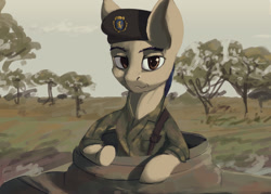 Size: 1280x916 | Tagged: safe, artist:monx94, oc, oc only, earth pony, pony, equestria at war mod, earth pony oc, half body, looking at you, military, nature, savanna, solo, tank (vehicle), tree
