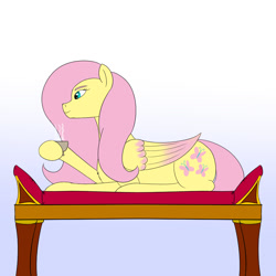 Size: 1000x1000 | Tagged: safe, artist:saint boniface, fluttershy, pegasus, pony, g4, couch, cup, gradient background, lying down, prone, solo